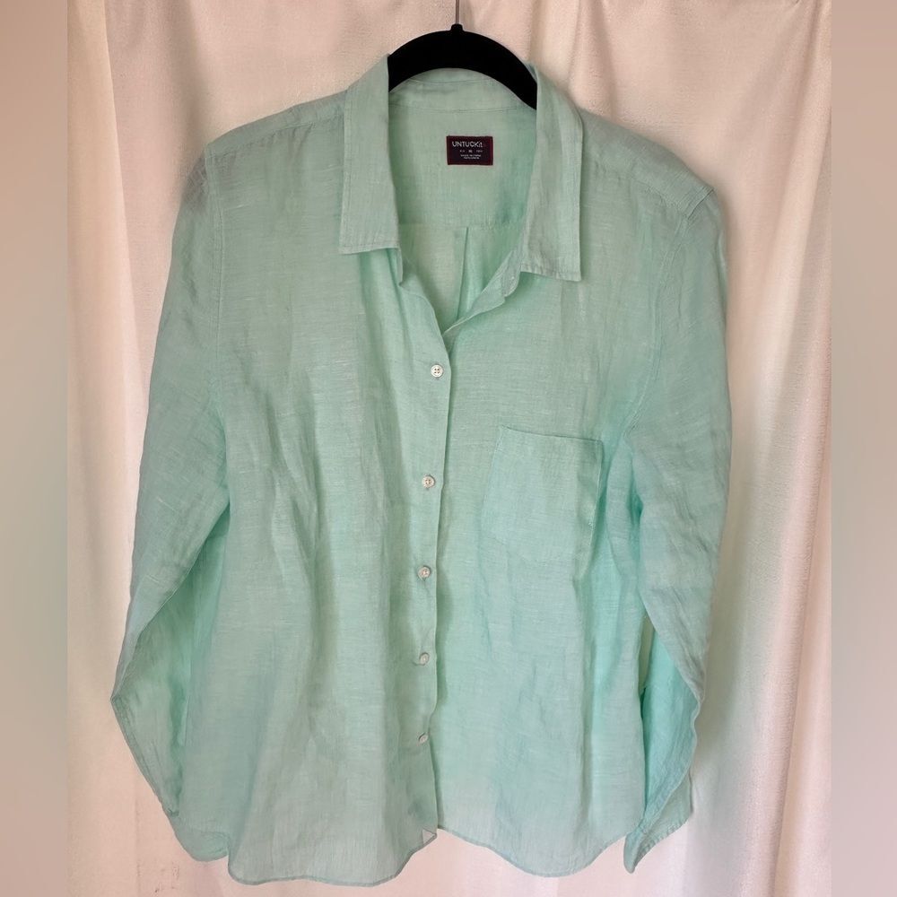 UNTUCKit Linen Long Sleeve Button Up Shirt, Women's Size 14, Mint Pastel